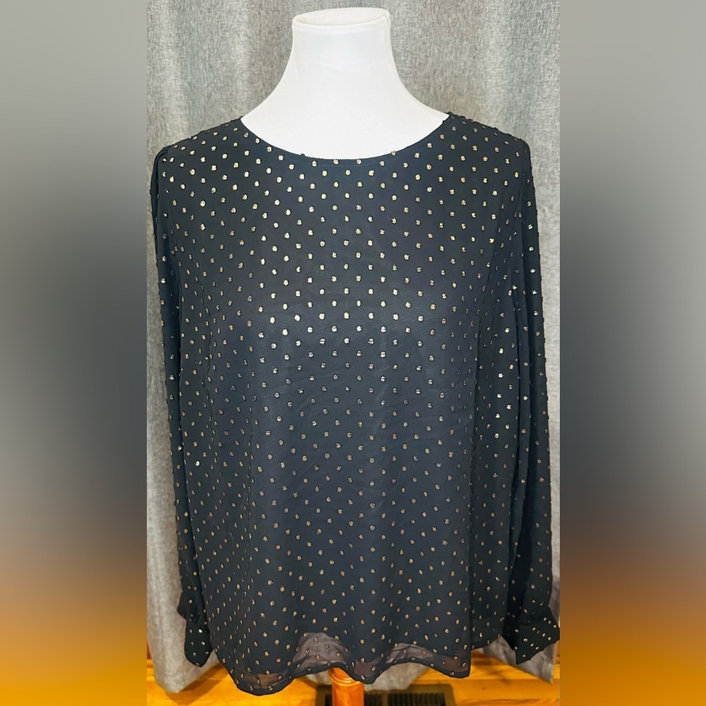 J.Crew Black Sheer Metallic Dot Long Sleeve Blouse (Size L)